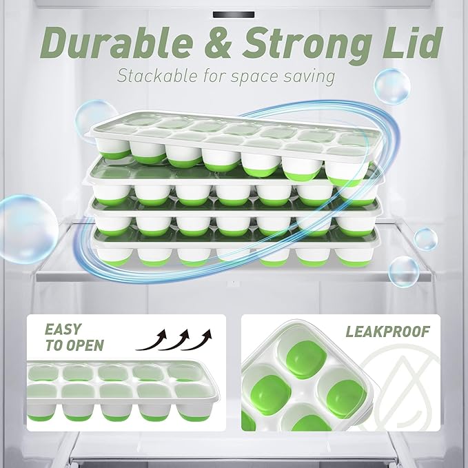 ChefAide Ice Cube Tray with Lid, 2 Packs 28 Cubes Durable Stackable Ice Cube Trays for Freezer with Removable Lids, Easy-Release Plastic & Silicone Ice Tray for Cocktail, Coffee