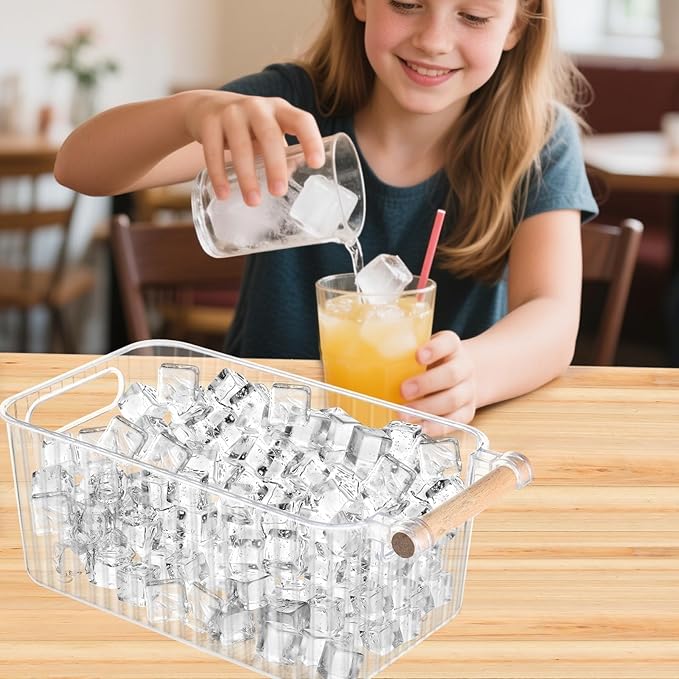 4 Piece Ice Bin and 2 Flexible Scoop Set Plastic Freezer Ice Bin with Handle Clear Storage Bucket for Container with Bucket Scoop Kitchen Fridge