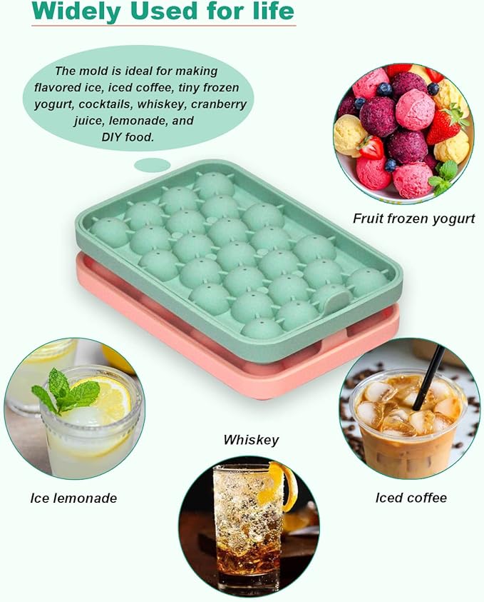 Silicone Ice Cube Molds 2 Pack, Round Ice Cube Tray Silicone with Lid, Flexible 25-Cavity Easy Release Ice Trays for Freezer, DIY Homemade Ice Cubes for Cocktail, Whiskey, Juice, BPA Free
