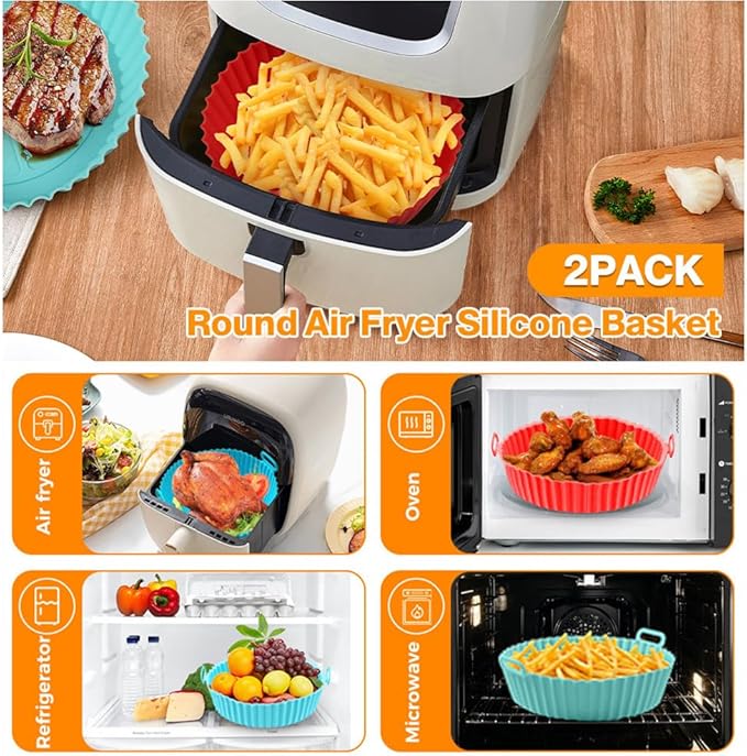 2 Pack Air Fryer Silicone Liners Pot for 3 to 5 QT, BPA-Free, Food Grade Airfryer Basket Bowl, Replacement of Flammable Parchment Paper, Reusable Baking Tray Oven Accessories(Top 8in, Bottom 6.75in)…