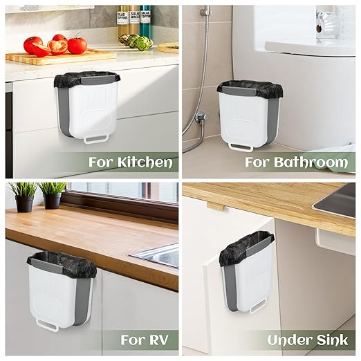 JIABEIUS Collapsible Hanging Trash Can, Compost Bin Kitchen with 60pcs of Garbage Bags, 2.6 Gallon Plastic Folding Garbage Bin for Cabinet, RV, Camping, Bedroom