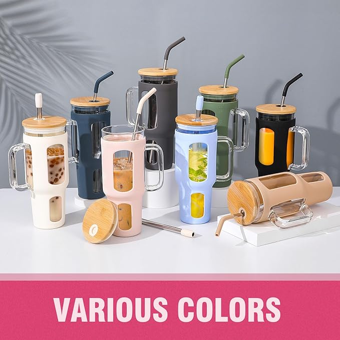 WINSA Glass Tumbler with Lid and Straw, 46 oz Iced Coffee Cup with Handle, Large Water Bottles with Silicone Sleeve, Glass Cup with Straws - Pearl Straw & Drinking Straw BPA Free-CottonPink