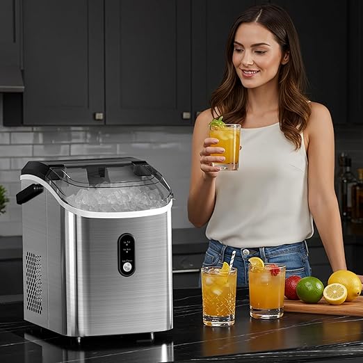Antarctic Star Nugget Ice Maker Countertop, 35lbs/24H Ice Machine, Soft Chewable Sonic Ice, Self-Cleaning, Fast Ice Ready in 8 Minutes, Compact Design with Handle, Stainless Steel Silver