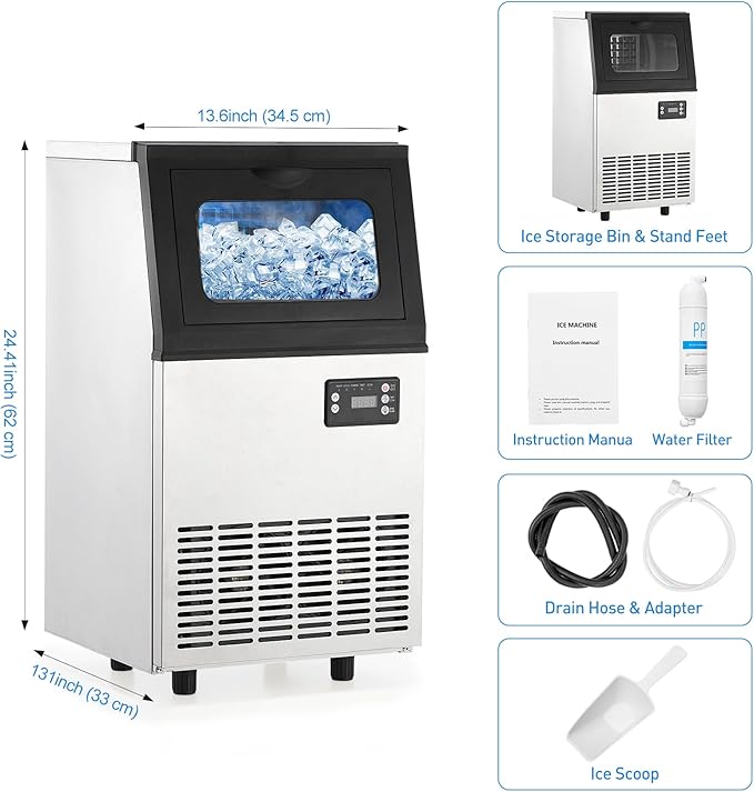 Commercial Ice Maker Machine, 110 LBS/24H with 18 LBS Bin Stainless Steel Automatic Operation Commercial Ice Machine for Home Bar, Include Water Filter, Scoop, Connection Hose
