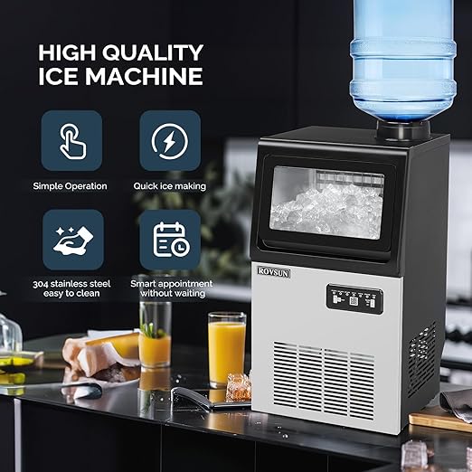 ROVSUN 90LBS/24H Ice Maker Machine with 2 Water Inlets, Freestanding & Countertop Ice Machine with 11lbs Storage Bin, Ice Scoop & Water Filter for Home Office Light Commercial Restaurant Bar Cafe Use