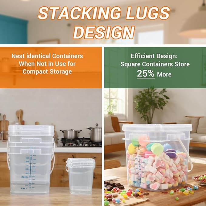 1 Gallon Square Food Storage Containers with Lids Clear Plastic Bucket 5 Pack Kitchen Storage