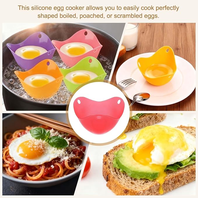 uxcell 4 Pack Egg Poacher, Nonstick Silicone Egg Poacher Cups Poached Cups Kitchen Breakfast Gadget for Microwave Air Fryer Stove Top Cooking Boiled Poached, Bright Red