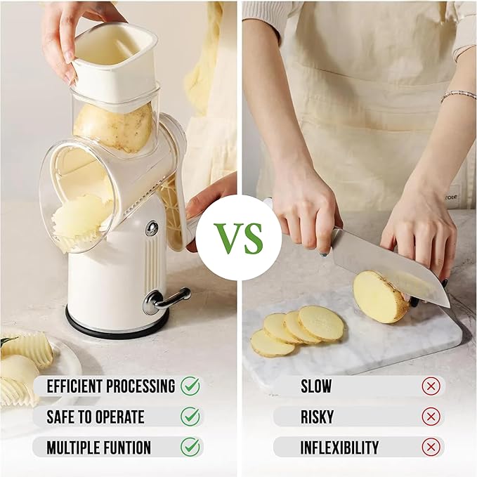 Rotary Cheese Grater with Handle โ Multi-Purpose Vegetable Shredder with 5 Interchangeable Blades, Strong Suction Base & Storage Box โ Round Mandoline Slicer and Food Chopper for Kitchen