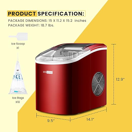 VIVOHOME Electric Portable Compact Countertop Automatic Ice Cube Maker Machine with Hand Scoop 10 Ice Bags and Self Cleaning Function 27lbs/Day Red