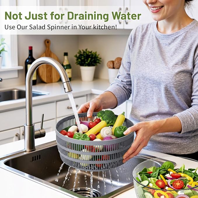 Salad Spinner, 5.3 QT Lettuce Spinner with Strainer, Fruit Cleaner with 4 Replaceable Blade for Shredding, Slicing and Pureeing, Salad Washer & Dryer for Quick Washing (Grey)