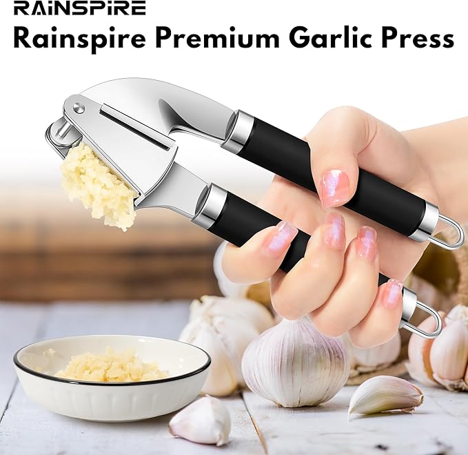 Rainspire Premium Garlic Press Stainless Steel, Garlic Mincer Tool, Garlic Crusher Tool, Garlic Smasher Garlic Masher Includes Silicone Garlic Peeler & Cleaning Brush, Dishwasher Safe (Black)