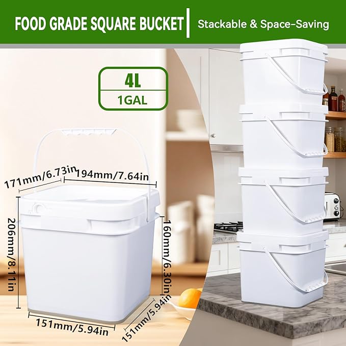 Bucket with Lid - 4 Packs Square White Plastic Storage Containers, Food Safe with Handle, Airtight Pressure Lids for Kitchen & Home (White, 1 gal)