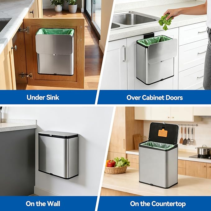 Kitchen Compost Bin with Lid, 2.1 Gallon Stainless Steel Trash Can for Countertop or Under Sink, Hanging Small Kitchen Trash Bin with Removable Inner Bucket, Charcoal Filter for Odor Control