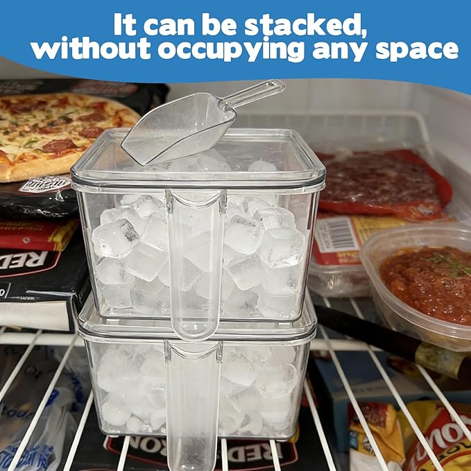 CIEOVO 2 Set Ice Bin for Freezer with Lid and 2 Scoop Set Plastic Freezer Ice Bin with Pull-Out Handle Clear Storage Bucket Kitchen Food Storage Organizer for Home Office Fridge Kitchen