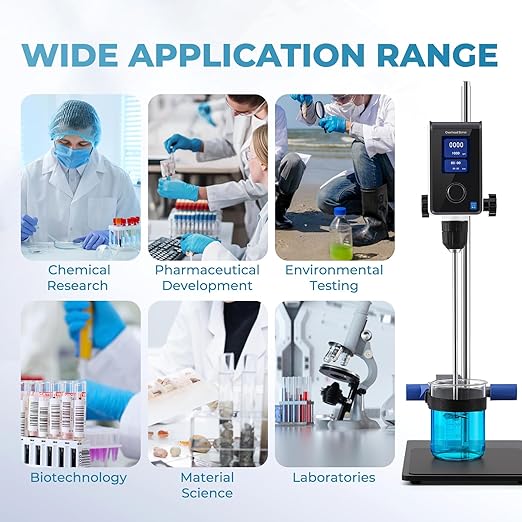 Overhead Stirrer for Lab – 20L High Viscosity Mixer (10,000 cP), 100-2000 RPM Digital Stirrer with LCD Display, Timer, Torque Boost & Beaker Clamp for Chemistry, Biology, Research
