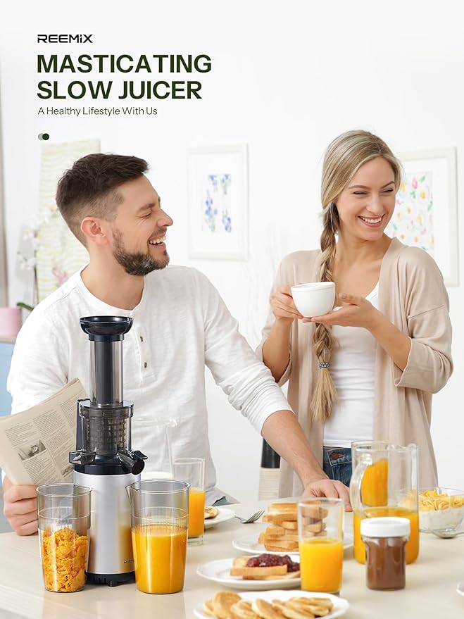 Masticating Juicer Machines, Reemix Cold Press juicer Machine Compact & Small Size, Juice Extractor, Nutrient and Vitamin Dense, BPA-Free Tritan, Easy to Clean (Silver)