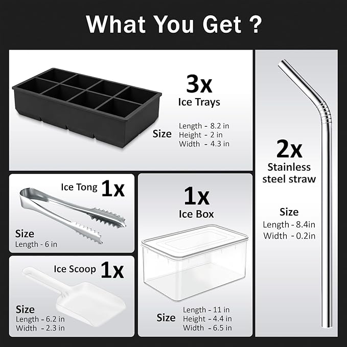Large Silicone Ice Cube Tray - 3 Pack Trays for 8 Square Cubes with Large Bin, Scoop, Tong & 2 SS Straws - Easy Release Ice Mold for Whiskey, Cocktails, Coffee (Black)