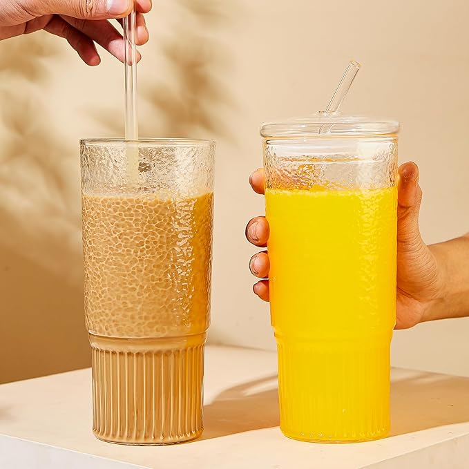 JunVpic Glass Cups with Lids and Straws,24oz Glass Tumbler with Handle Iced Coffee Cup for Coffee,Juice,Tea,Milk,Smoothie,Hot & Cold Drinks (Clear)