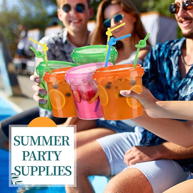 Funnymoom 48 Pack 32 oz Plastic Rum Buckets for Drinks with Straws Ice Cream Cocktail Bucket with Lids and Handles Reusable Food Containers Cup for Parties Summer Beach Bar Beer (Muticolor)