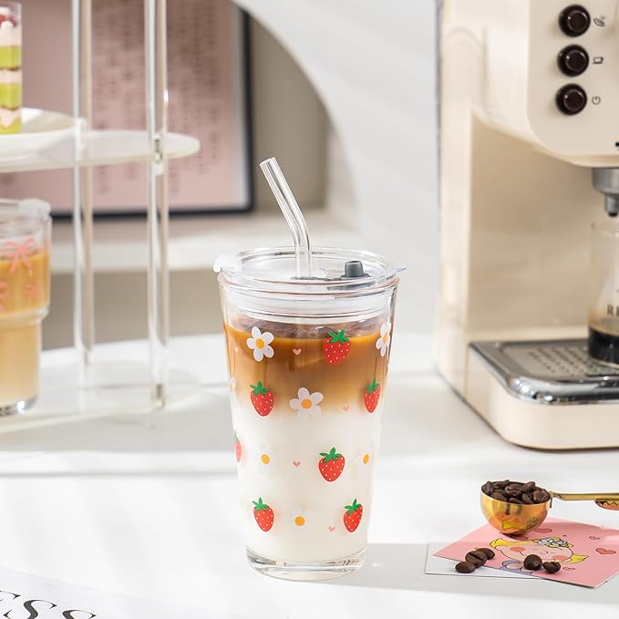 Olvini 15oz Glass Tumbler with Glass Straw and Lid, Cute Iced Coffee Cups, Aesthetic Glass Cups, Coffee Tumbler, Water Cup, Matcha Cup, Drinking Glasses (Strawberry)