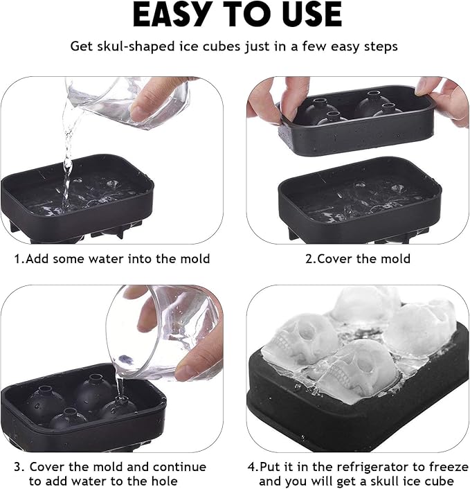 2 Pack Halloween Ice Cube Molds, Halloween Reusable Ice Cube Tray for Freezer, Black Silicone Ice Cube Tray with Lid, 3D Skull & Sphere Ice Cube Molds for Whiskey, Cocktails, Homemade Cold Drinks