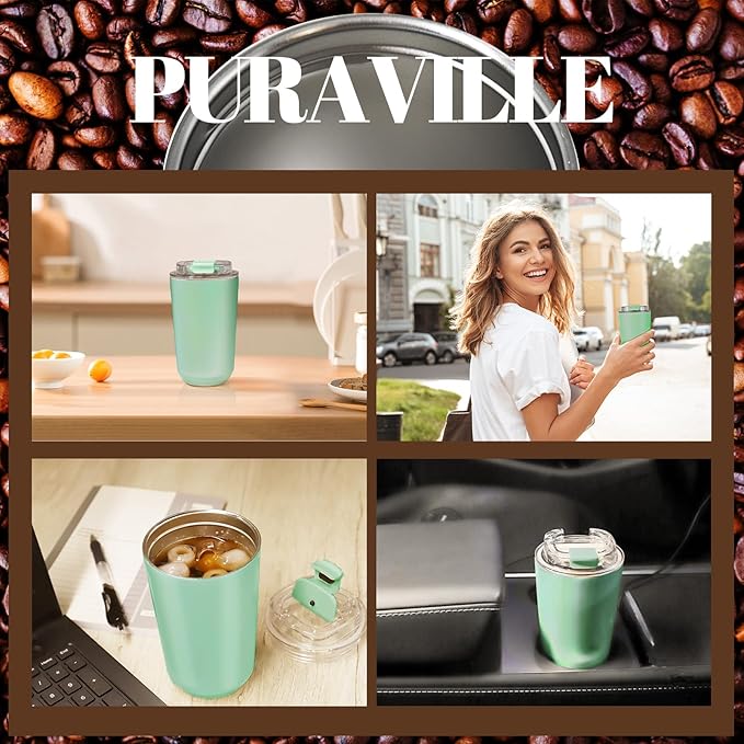 Puraville Insulated Tumblers with Lid, 10 oz Travel Coffee Mug Stainless Steel Vacuum Cup, Leak Proof Reusable Double Walled Coffee Tumbler for Iced and Hot Drinks, Green
