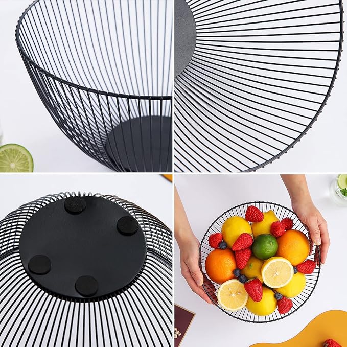 HOMQUEN Fruit Basket, Fruit Bowl, Metal Wire Fruit Basket for kitchen, Fruit Bowl for Kitchen Counter, Basket for Fruits, Vegetables, Breads, Snacks, Kitchen Gadgets (Round Tall, Black)
