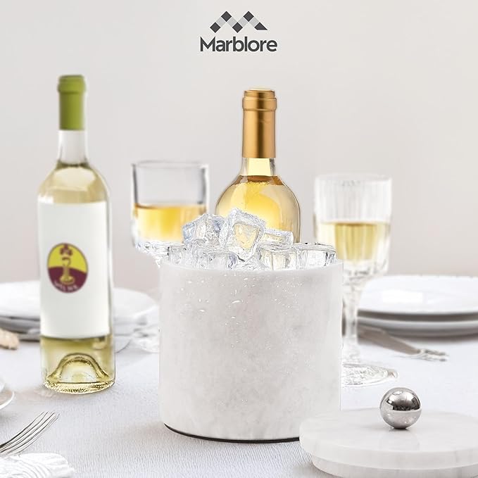 Ice Bucket Marble with Lid 6 Inch White Stone Ice Bucket for Parties, Wine & Champagne Chiller, Small Ice Bucket for Home Bar, Drink Cooler, Freezer Ice Bin & Hosting Party Essentials