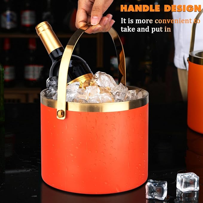 Ice Bucket, 3L Double-Wall Stainless Steel Insulated Ice Bucket With Lid and Ice-Tong, Ice-Buckets for Parties Home Bar, Chilling Beer, Champagne, Wine Bottle(Orange Gold)