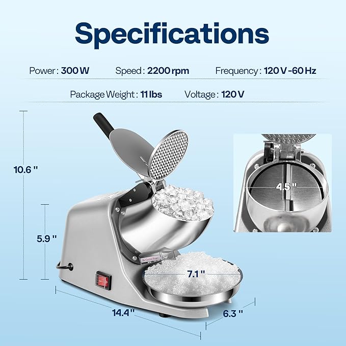 VIVOHOME Electric Ice Crusher Shaver Dual Blades Snow Cone Maker Machine Silver 173lbs/hr with Ice Pick for Home and Commercial Use