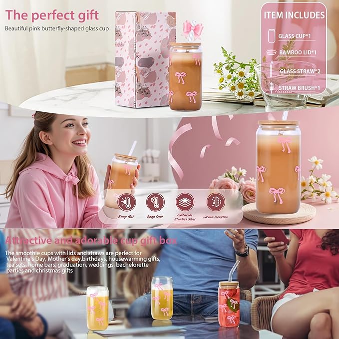 Cute Pink Bow Glass Cups with Lids & Straws, Aesthetic Iced Coffee Cup, Girly Preppy Design Tumbler Mug, Birthday Valentine Gifts for Women, Teen Girl Gifts Trendy Stuff