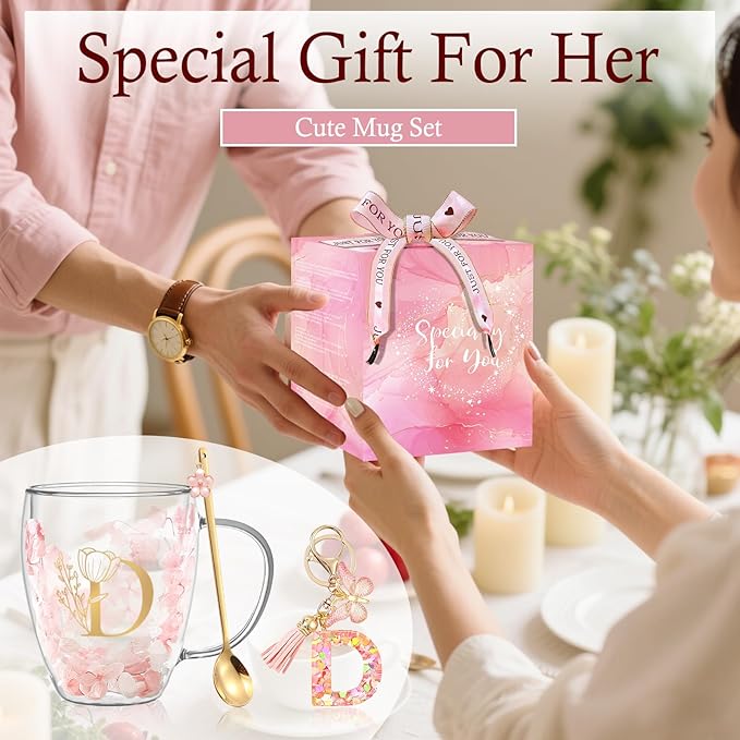 Friendship Gifts for Women Flower Glass Coffee Mug Cute Initial Tea cup Monogrammed Customized Bridesmaid Bride Wedding Gifts Valentine Mother's Day Christmas Gift for Her Mom Wife Sister Coworker (D)