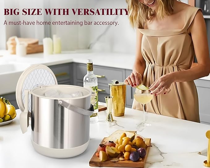 6.8L/7QT Insulated Ice Bucket with Lid & Scoop,Double-Wall Ice Bucket for Parties,Cocktail Bar(White)