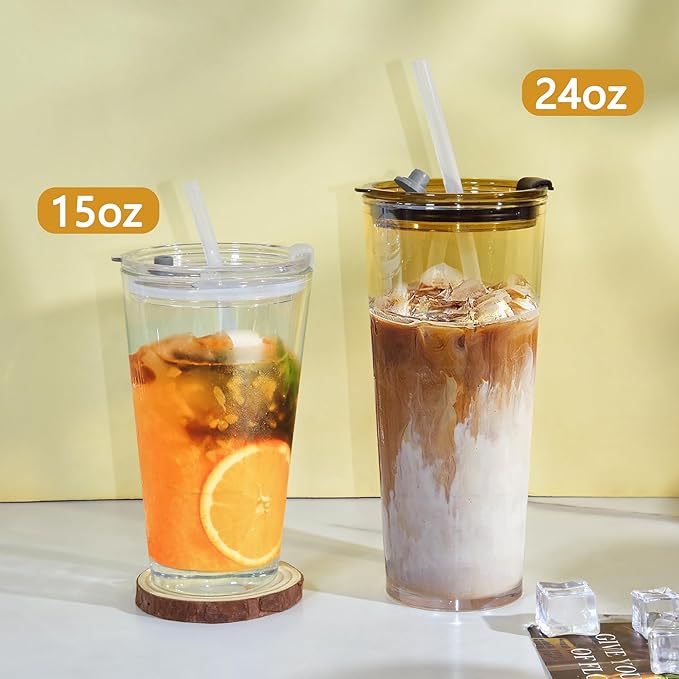 15oz Glass Cups with Lids and Straws Iced Coffee Glasses Tumbler Leak Proof Drinking Glasses Set of 2 for Gift Cold Drink Smoothie Boba Tea(Blue & Clear)