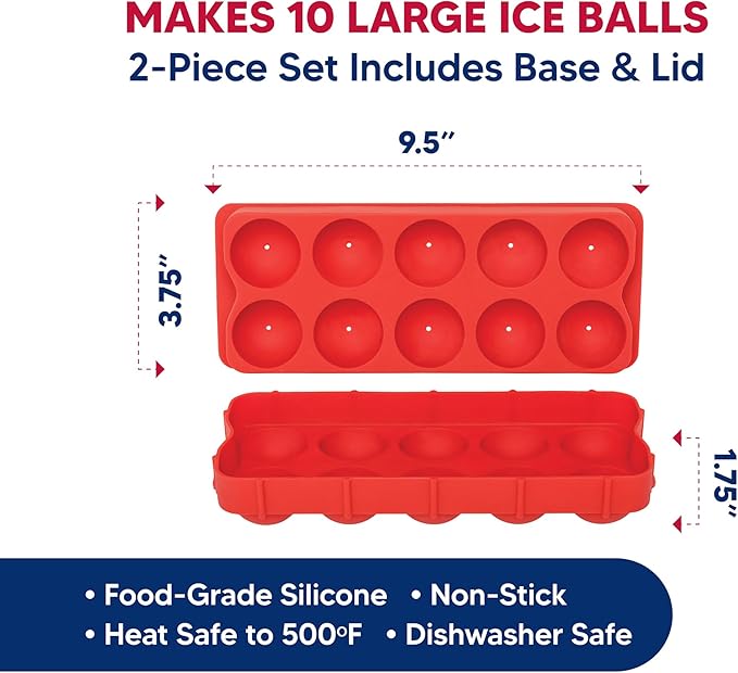 HIC Kitchen Cannonball Silicone Ice Cube Tray, Non-Stick, Makes 10 Large Ice Balls