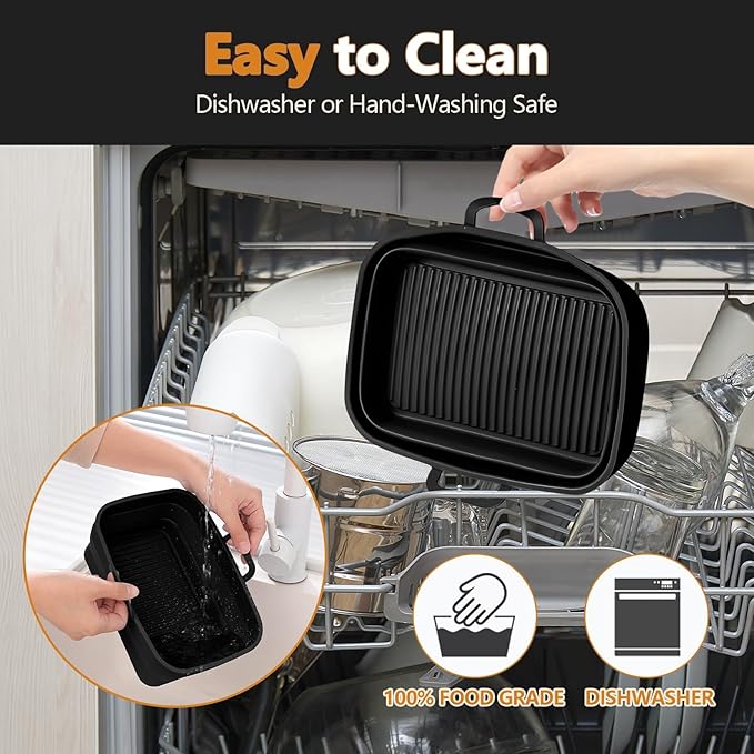 Collapsible 2-Pack Air Fryer Silicone Liners for 10QT NINJA Foodi Dual, Reusable Rectangular Silicone Basket Pot for Air Fryer Accessories (Black)