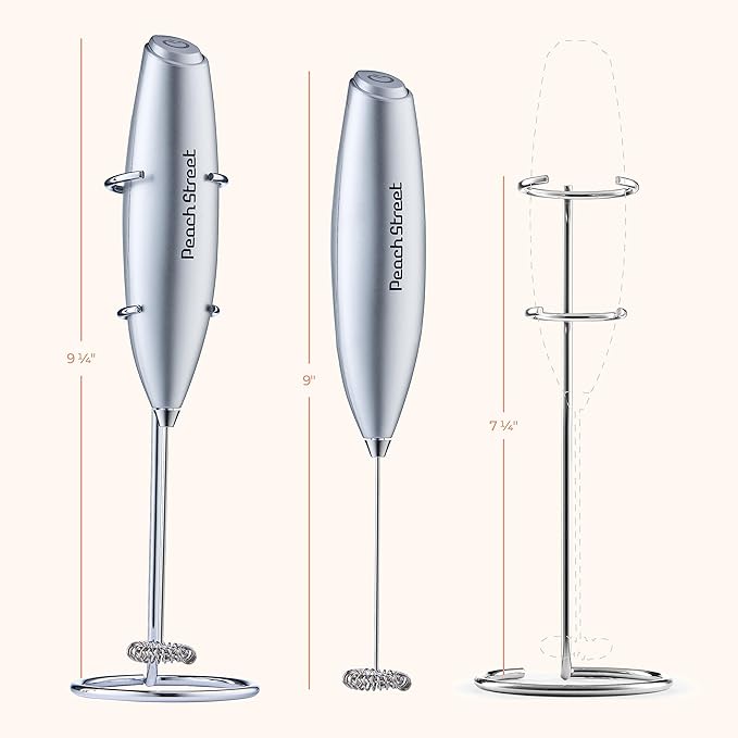Powerful Handheld Milk Frother, Mini Milk Foamer, Battery Operated (Not included) Stainless Steel Drink Mixer with Frother Stand for Coffee, Lattes, Cappuccino, Frappe, Matcha, Hot Chocolate.