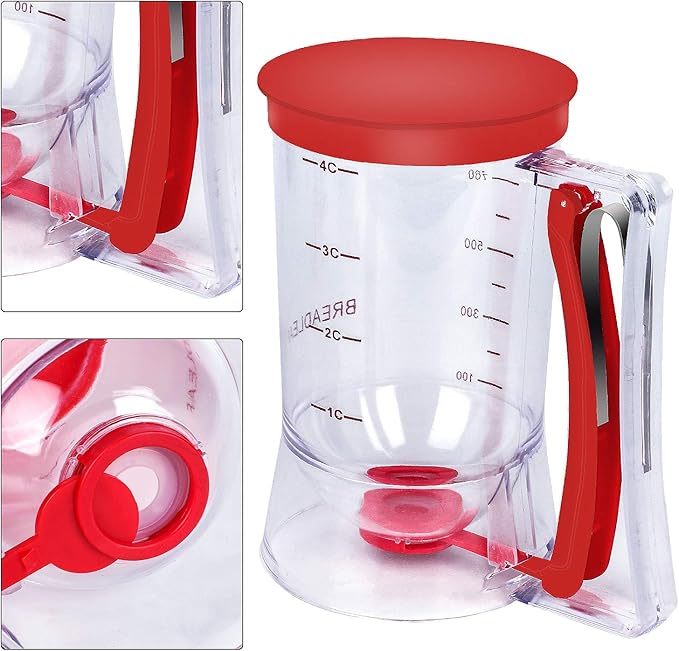 BBSTARZ Pancake Batter Dispenser – 4-Cup Batter Dispenser with Squeeze Handle & Measuring Marks for Pancakes, Waffles, Muffins, Crepes & Cupcakes – Baking Tool(Red)