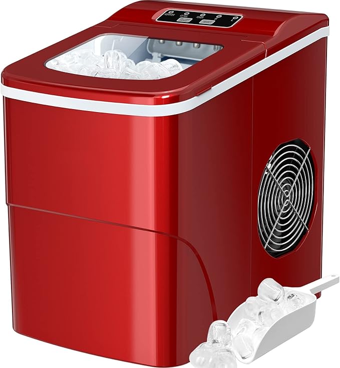 Silonn Ice Maker Machine for Countertop, 9 Bullet Cubes Ready in 6 Minutes, 26lbs 24Hrs Portable Self-Cleaning, 2 Sizes of Bullet-Shaped Home Kitchen Office Bar Party, Red