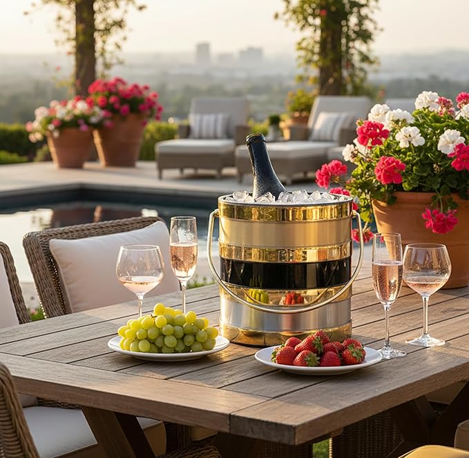 Made In USA Metallic Deco Collection Double Walled Insulated Ice Bucket With Ice Tongs (3-Quart, Gold With Black & Gray Stripes)