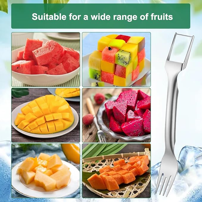 Watermelon Cutter Slicer Fruit Tool - 2-in-1 Stainless Steel Watermelon Cube Cutter, Melon Fork Slicer, Dual Head Watermelon Cuber Cutting Tool Knife (4 PCS)