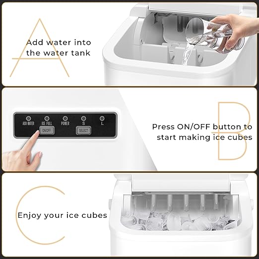 Ice Maker Countertop, Portable Self-Cleaning Ice Machine with Ice Scoop and Basket,9 Cubes in 6 Mins, 26.5lbs/24h,2 Sizes of Bullet Ice Cube for Home Kitchen Office Bar Party(White)