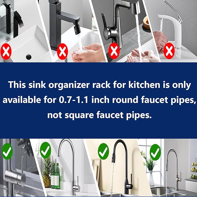 Kitchen Sink Faucet Organizer Multifunction Sponge Holder Organizer Sink Drain Holder Over Faucet Kitchen Sink Caddy with Hook Adjustable for 0.7-1.1inch Round Water Pipe (Silver, B)