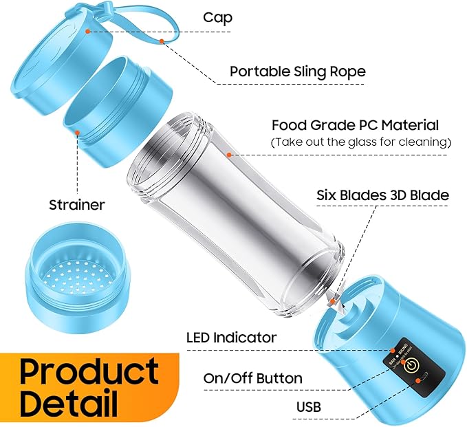 Cordless Portable Personal Size Blender - Mini Blender Make Smoothies and Shakes, 380Ml BPA Free Travel Cup, Powerful Blending Suit in Office/Home/Gym