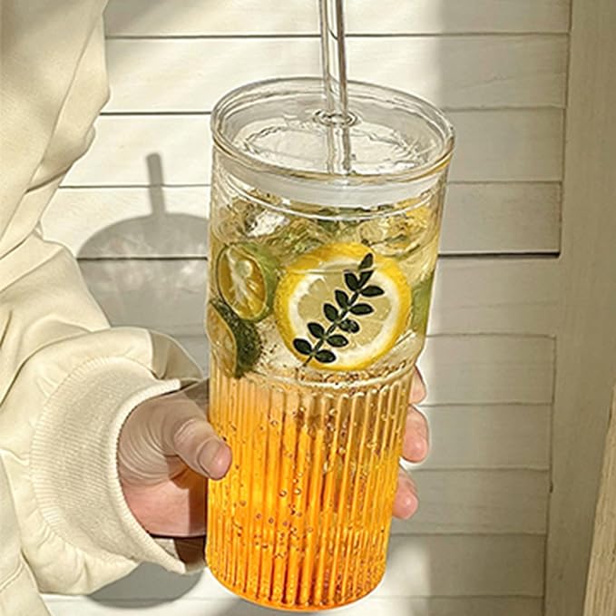 20oz Glass Cups With Glass Lids and Straws, High Borosilicate Iced Coffee Cups, Reusable Glass Tumblers for Coffee, Tea, Juice, Smoothies, Hot/Cold Drinks at Home, Office - 4 Packs