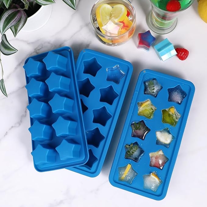 Webake Silicone Ice Cube Trays Star Shaped Ice Cube Molds for Whiskey and Cocktails, Easy Release Jelly Crayon Mold Pack of 3 Blue
