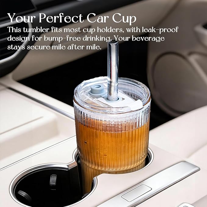 KEMORELA 20oz Ribbed Glass Tumblers with Bamboo & 2 in 1 Leak-proof Lids, Extra-Wide 13mm Reusable Stainless Steel Straws, 2Pcs Vintage Drinking Glasses for Boba, Iced Coffee, Smoothies,Travel Cups