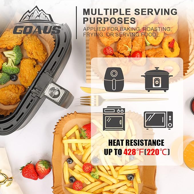 GOAUS Air Fryer 100 Pcs Square Paper Liners Disposable Extra Large for 8 Qt or Above Basket, 9 inch Unbleached Non-stick Parchment Paper