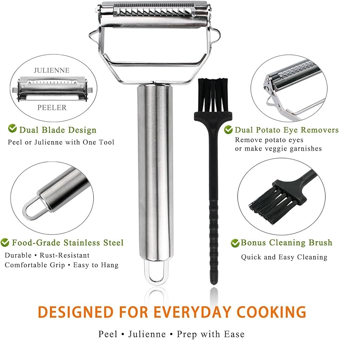 Sunkuka Julienne Peeler Stainless Steel Cutter Slicer with Cleaning Brush Pro for Carrot Potato Melon Gadget Vegetable Fruit