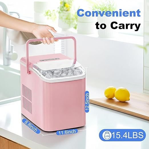 NEWBULIG Ice Makers Countertop with Handle, Portable Ice Machine, 9 Bullet Ice Cubes in 6 Mins, 26lbs in 24Hrs, Auto-Cleaning, with Basket and Scoop, for Home, Kitchen, RV, Camping,Pink